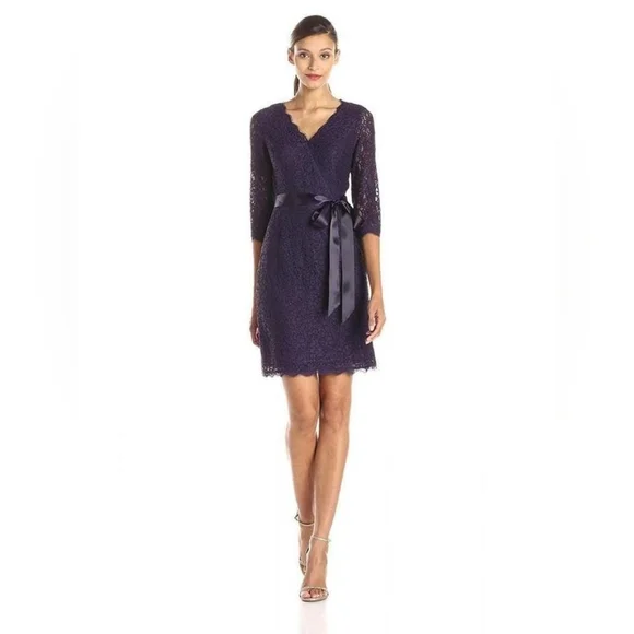 Adrianna Papell | Dresses | Adrianna Papell 34 Sleeves Surplice Neckline  Bow Side Lace Dress | Poshmark
